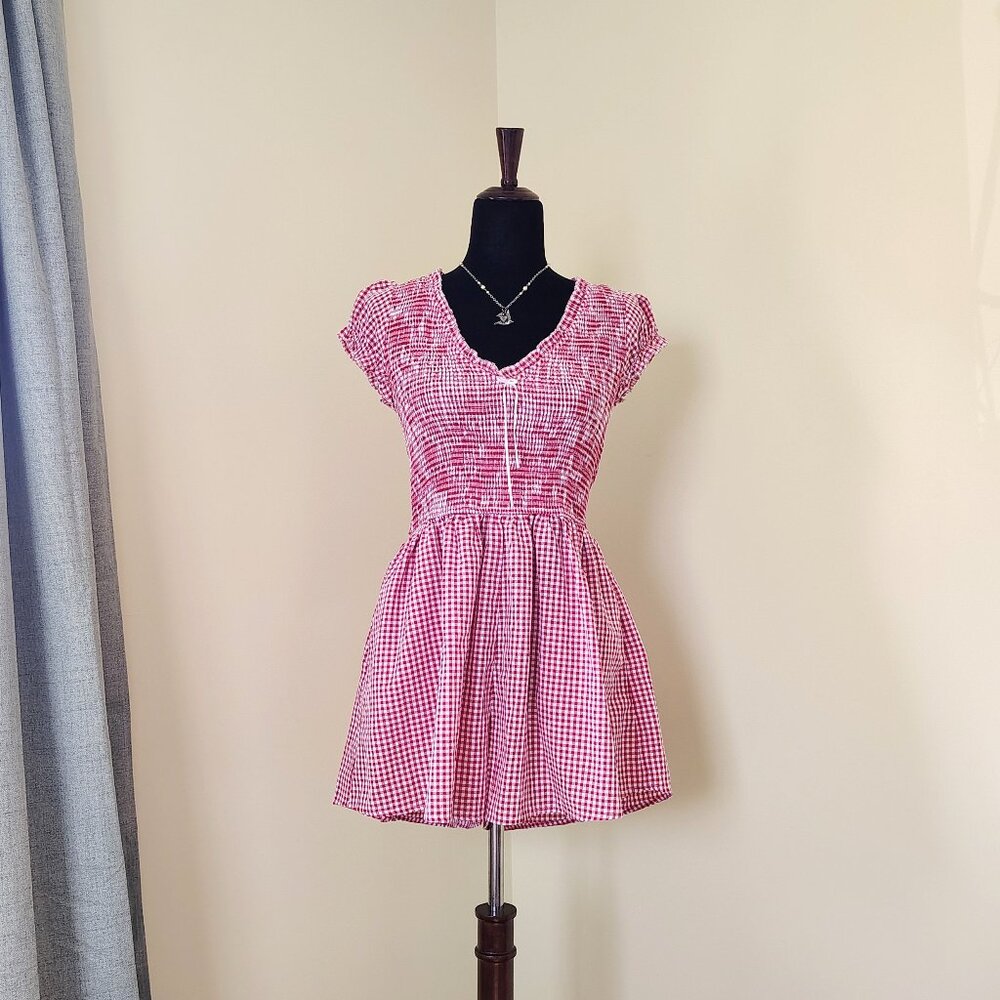 Red & White Gingham Smocked Top Summer Playsuit Romper - S